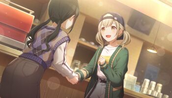 2girls :d argyle_clothes argyle_sweater_vest azusawa_kohane backwards_hat belt black_belt black_hair black_hat black_pants blonde_hair blurry blush bokeh cardigan colorful_palette depth_of_field dutch_angle game_cg green_cardigan handshake hat highres indoors long_hair long_sleeves looking_at_viewer medium_hair multiple_girls official_art open_mouth pants project_sekai purple_sweater_vest rekindle_the_flame_(project_sekai) shirt shirt_tucked_in sleeves_past_wrists smile sweater_vest third-party_source tongue twintails white_shirt yellow_eyes