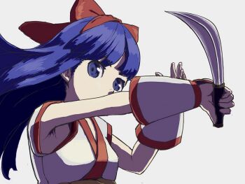 Rule 34 | 1girl, ainu clothes, armpit peek, arms up, blue eyes, blue hair, breasts, fighting stance, fingerless gloves, gloves, hair ribbon, highres, long hair, looking at viewer, nakoruru, oekaki, outstretched arm, ribbon, samurai spirits, small breasts, snk, solo, the king of fighters, weapon