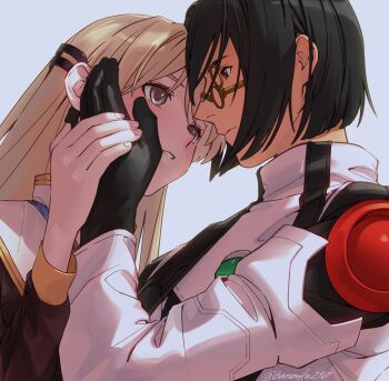 1boy 1girl aged_down asagi_(banzoku210) black_gloves black_hair blonde_hair citan_uzuki commentary_request eye_contact glasses gloves hetero highres husband_and_wife long_hair looking_at_another monolith_soft short_hair smile xeno_(series) xenogears yui_uzuki