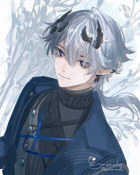 Rule 34 | 1boy, ardashir (arknights), arknights, arknights: endfield, black horns, black shirt, blue jacket, commentary request, ear covers, earrings, grey hair, hair behind ear, highres, horns, jacket, jewelry, lapels, long hair, looking at viewer, low ponytail, male focus, notched lapels, parted hair, piercing, pointy ears, ponytail, shirt, short hair, single ear cover, solo, tanemaki monaka, turtleneck, twitter username