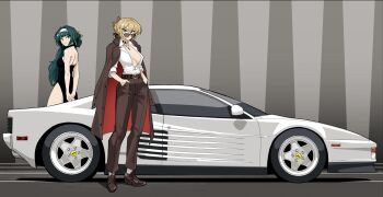 2girls absurdres alternate_costume astra_yao black_choker black_dress blonde_hair blunt_bangs breasts brown_coat brown_pants brown_shoes car choker closed_mouth coat coat_on_shoulders commentary cross cross_necklace double-parted_bangs dress evelyn_chevalier ferrari ferrari_testarossa green_hair grey_background hair_between_eyes hands_in_pockets highres jewelry large_breasts long_hair looking_at_viewer motor_vehicle multiple_girls necklace pants partially_unbuttoned purple_eyes red_eyes shirt shoes short_hair smile standing sunglasses vee_(427deer) white_shirt wide_shot zenless_zone_zero