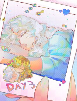 Rule 34 | 2girls, blonde hair, chibi, chibi inset, closed eyes, commentary, english commentary, english text, heart, highres, holding, holding photo, kissing head, koiii (ichikakoiii), lying, multiple girls, on stomach, parted lips, photo (object), polaroid photo, reverse:1999, shirt, sleeping, vila (reverse:1999), white hair, white shirt, windsong (reverse:1999), yuri, zzz