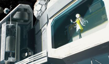 1girl absurdres black_pantyhose blonde_hair creature dress flower gomidasu_(kamitsubaki_studio) grey_eyes grey_hair hair_flower hair_ornament hair_over_one_eye hayasi_kiri highres isekaijoucho kamitsubaki_studio long_hair multicolored_hair pantyhose science_fiction space space_station two-tone_hair window