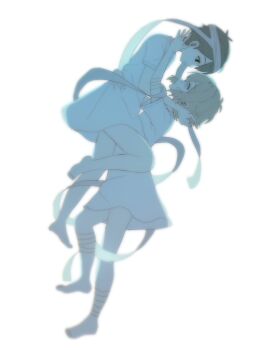 Rule 34 | 2boys, :o, absurdres, antenna hair, backlighting, bandaged head, bandages, bare arms, bare legs, barefoot, basil (faraway) (omori), basil (hospital gown) (omori), basil (omori), black eyes, black hair, blonde hair, blurry, chromatic aberration, closed mouth, depth of field, empty eyes, expressionless, eye contact, from side, full body, grey eyes, hair behind ear, hair between eyes, hand on another's head, hand on another's hip, highres, hospital gown, knee up, looking at another, male focus, multiple boys, my loleeta, no pupils, official alternate costume, omori, open mouth, profile, short hair, sidelocks, simple background, spoilers, sunny (hospital gown) (omori), sunny (omori), toes, very short hair, white background