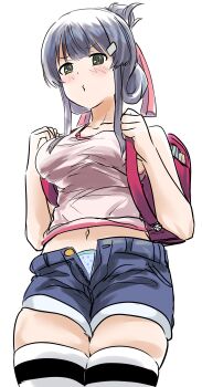 Rule 34 | 1girl, absurdres, backpack, bag, blue panties, blue shorts, blush, breasts, collarbone, commentary request, cowboy shot, folded ponytail, green eyes, highres, large breasts, looking at viewer, mashitono desu, midriff, navel, panties, polka dot, polka dot panties, pout, purple hair, raised eyebrows, randoseru, red bag, shirt, short shorts, shorts, sidelocks, simple background, sketch, sleeveless, sleeveless shirt, solo, standing, thighhighs, toji no miko, underwear, white background, white shirt, white thighhighs, yanase mai, zettai ryouiki