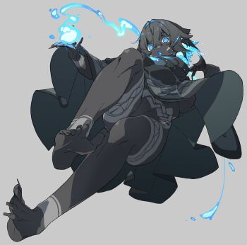 Rule 34 | 1girl, abs, absurdres, barefoot, black hair, blue eyes, blue hair, body markings, breasts, colored skin, commentary, feet, glowing, glowing eyes, glowing hair, glowing mouth, grey hair, grey poncho, grey skin, hair between eyes, highres, incoming attack, large breasts, long bangs, long hair, long toenails, looking at viewer, magic, multicolored hair, naked poncho, open mouth, original, poncho, sharp toenails, soles, solo, spread toes, toenails, toes, toned, toned female, triangular pattern, two-tone hair, two-tone poncho, underboob, very long fingernails, very long toenails, wen (yamunashi (soregoshi)), white background, wiggling toes, yamunashi (soregoshi)