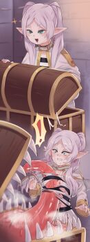 ! breasts constricted_pupils earrings elf fangs frieren green_eyes grey_hair highres jewelry mimic mimic_chest mocomori monster nipples pointy_ears saliva sequential small_breasts sousou_no_frieren tongue torn_clothes