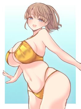 Rule 34 | 1girl, bikini, blue eyes, blush, breasts, brown hair, cleavage, commentary request, cowboy shot, gold bikini, hair between eyes, half-closed eyes, highres, intrepid (kancolle), kantai collection, large breasts, looking at viewer, nagi kantai114, open mouth, ponytail, simple background, skindentation, solo, swimsuit