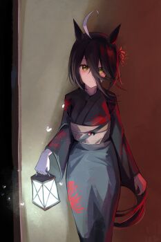1girl absurdres ahoge animal_ears black_hair black_kimono closed_mouth commentary_request dev_grater fireflies floral_print flower grey_hair hair_between_eyes hair_bun hair_flower hair_ornament highres holding holding_lantern horse_ears horse_girl horse_tail japanese_clothes kimono lantern light_frown long_bangs long_hair_between_eyes long_sleeves looking_at_viewer manhattan_cafe_(umamusume) medium_hair multicolored_hair obi official_alternate_costume official_alternate_hairstyle red_flower revision sash single_hair_bun solo spider_lily tail umamusume white_hair yellow_eyes
