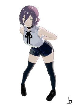 1girl absurdres arms_behind_back black_choker black_ribbon black_thighhighs chainsaw_man choker closed_mouth green_eyes hair_between_eyes hair_bun highres joadv neck_ribbon purple_hair reze_(chainsaw_man) ribbon shirt short_shorts shorts simple_background sleeveless sleeveless_shirt smile solo thighhighs white_background white_shirt