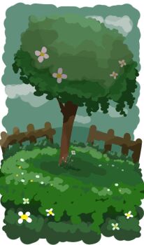 fence flower grass green_sky harusa1107 no_humans original scenery shadow sky sunlight tree white_flower wooden_fence