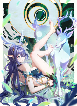 1girl absurdres antlers bare_legs bare_shoulders barefoot blue_eyes blue_hair bracelet breasts chinese_commentary commentary_request crescent crescent_hair_ornament deer earrings feet from_side full_body genshin_impact hair_ornament hair_over_one_eye highres horns jewelry large_breasts lauma_(genshin_impact) legs long_hair looking_at_viewer lying on_back one-piece_swimsuit pointy_ears purple_hair qiuciquan smile solo swimsuit toes very_long_hair