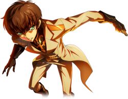 Rule 34 | 1boy, arm up, artist request, black boots, black gloves, black shirt, brown hair, coat, code geass, code geass: boukoku no akito, code geass: lost stories, cropped legs, game cg, gloves, green eyes, hair between eyes, holding, holding key, jumping, key, kururugi suzaku, leaning forward, long sleeves, looking at viewer, male focus, military uniform, non-web source, official art, pants, parted lips, serious, shirt, short hair, sidelocks, simple background, solo, teeth, transparent background, uniform, v-shaped eyebrows, white coat, white pants