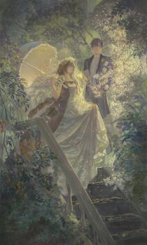 024_(1a41a4) 1boy 1girl absurdly_long_hair absurdres adjusting_clothes arch bare_arms black_jacket black_pants black_shoes black_suit blazer bouquet bridal_veil bride brown_hair closed_mouth collared_jacket dress dress_pants dress_shirt dress_shoes expressionless faceless faceless_female faceless_male flower formal_clothes frilled_umbrella frills full_body garden gown groom hetero highres holding holding_bouquet holding_umbrella husband_and_wife jacket lapels long_dress long_hair notched_lapels open_clothes open_jacket original outdoors painterly pants parasol pleated_dress puffy_short_sleeves puffy_sleeves railing shirt shoes short_hair short_sleeves skirt_hold sky square_neckline stairs standing straight_hair suit sunset tuxedo umbrella umbrella_over_shoulder veil very_long_hair walking wedding wedding_dress white_dress white_flower white_shirt white_umbrella white_veil yellow_sky