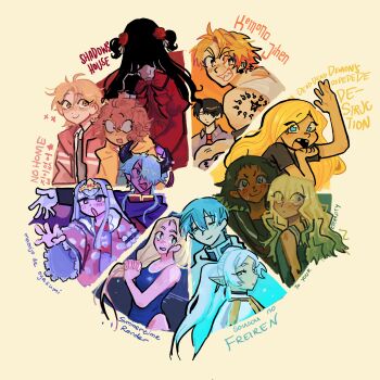 6+boys 6+girls akagi_kazuaki aurora_sya_lis_kaymin baek_eunyung black_horns blonde_hair blue_eyes blue_one-piece_swimsuit brown_hair color_wheel_challenge commentary copyright_name crossdressing dead_dead_demons_de_dedede_destruction demon_king_tasogare dress elf english_commentary fumetsu_no_anata_e gloves hair_over_one_eye hanagata_kaede highres himmel_(sousou_no_frieren) horns kate_(shadows_house) kemono_jihen kim_marie kofune_ushio long_hair maou-jou_de_oyasumi mileggingss multiple_boys multiple_drawing_challenge multiple_girls no_home_(manhwa) one-piece_swimsuit one_eye_closed pointy_ears red_dress shadows_house sharp_teeth shoulder_tattoo smile sousou_no_frieren summertime_render swimsuit tainuma_makoto tattoo teeth two_side_up wet wet_hair white_gloves white_hair wide_sleeves