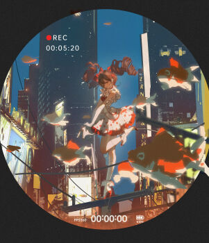 Rule 34 | 1girl, absurdres, archaic japanese text, bow, brown hair, building, cable, commentary, dress, english text, fish, full body, gloves, goldfish, hair between eyes, hair bow, hair ribbon, high heels, highres, night, original, ribbon, sky, solo, standing, symbol-only commentary, yi ke da cui tao tao