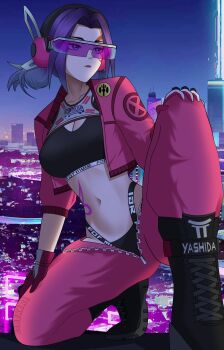 Rule 34 | 1girl, baseball bat, black sports bra, black sports panties, breasts, butterfly tattoo, clothes writing, commentary, daikiri di mon, english commentary, gloves, highres, holding, holding baseball bat, long hair, looking at viewer, marvel, marvel rivals, pants, pink-tinted eyewear, pink gloves, pink pants, psylocke, psylocke (fleeting butterfly), purple-tinted eyewear, race queen, solo, sports bra, sports panties, sunglasses, tattoo, tinted eyewear, underwear writing, x-men