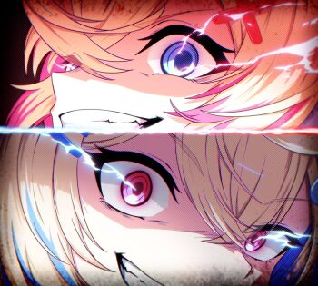 Rule 34 | 2girls, blonde hair, blue eyes, blue hair, close-up, eye trail, fuwawa abyssgard, hashtag-only commentary, highres, hololive, hololive english, light trail, mococo abyssgard, multicolored hair, multiple girls, parted lips, pink eyes, pink hair, samess 333, siblings, sisters, smirk, streaked hair, twins, two-tone hair, virtual youtuber
