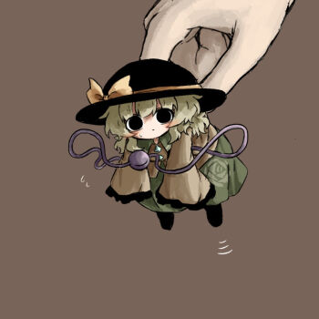 1girl black_hat black_shoes brown_background commentary_request contrast_collar full_body green_hair green_skirt hair_between_eyes hat hat_ribbon heripantomorrow komeiji_koishi long_sleeves looking_at_viewer mini_person minigirl ribbon shirt shoes simple_background skirt solo third_eye touhou wide_sleeves yellow_ribbon yellow_shirt