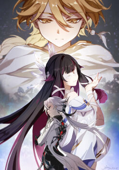1boy 2girls absurdres aether_(genshin_impact) angel_wings arlecchino_(genshin_impact) arm_ribbon artist_name bare_shoulders black_eyes black_gloves black_hair black_pants blonde_hair blue_background blunt_bangs bow braid breasts bright_pupils choker closed_eyes closed_mouth columbina_(genshin_impact) commentary cowboy_shot crossed_arms dress earrings english_commentary eye_mask feathered_wings floating_hair from_behind genshin_impact gloves gradient_hair grey_background hair_between_eyes hair_ornament hand_up head_wings highres jacket jewelry ljayu long_hair long_hair_between_eyes long_sleeves looking_at_another looking_down looking_to_the_side low_ponytail mask medium_breasts multicolored_hair multiple_girls multiple_wings off-shoulder_dress off_shoulder pants ponytail purple_hair ribbon scarf sidelocks single_braid single_earring standing two-tone_background two-tone_hair upper_body very_long_hair white_bow white_choker white_dress white_hair white_jacket white_mask white_pupils white_scarf wide_sleeves wings x_hair_ornament yellow_eyes