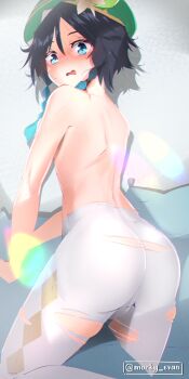 1boy absurdres aqua_eyes aqua_hair ass black_hair braid commentary genshin_impact gradient_hair green_hat hat highres male_focus marky_evan multicolored_hair open_mouth pantyhose solo symbol-only_commentary topless_male torn_clothes torn_pantyhose trap twin_braids venti_(genshin_impact) white_pantyhose