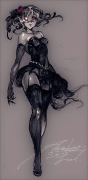 10s 1girl bare_shoulders character_name diabolik_lovers dress elbow_gloves female_focus flower full_body garter_straps gloves glowing glowing_eyes gradient_background hair_ornament komori_yui lingerie monochrome nozoki_davis panties pink_eyes rose sharp_nails smile solo spot_color tareme thighhighs torn_clothes underwear white_hair