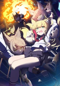 Rule 34 | 4girls, absurdres, ahoge, animal ear fluff, animal ears, anti-materiel rifle, artist name, ballistic shield, bandaid, bandaid on knee, bandaid on leg, barrett m82, bike shorts, bike shorts under skirt, black choker, black pantyhose, black sailor collar, black skirt, blonde hair, blue archive, blue halo, braid, braided ponytail, brown hair, building, chibi, choker, closed eyes, commentary, english commentary, explosion, falling, fang, fox ears, fox girl, fox platoon (blue archive), green eyes, green halo, gun, h&amp;k ump, halo, headset, highres, implied extra ears, knee pads, kurumi (blue archive), long hair, long sleeves, multiple girls, myuf, neckerchief, night, niko (blue archive), open mouth, otogi (blue archive), pantyhose, pink hair, pleated skirt, red eyes, red halo, red neckerchief, rifle, ring of light (blue archive), rope ladder, sailor collar, scared, school uniform, serafuku, shield, shirt, shoes, skin fang, skirt, skyscraper, smile, sniper rifle, submachine gun, throat microphone, twitter username, unworn shoes, weapon, weapon on back, white shirt, yellow halo, yukino (blue archive)