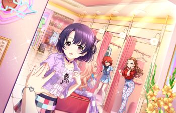 boots bracelet brown_hair ceiling_light changing_room choker earrings flower forehead game_cg idolmaster idolmaster_cinderella_girls idolmaster_cinderella_girls_starlight_stage jewelry murakami_tomoe navel official_art pants pink_hair purple_eyes purple_hair red_eyes red_hair saionji_kotoka seki_hiromi shiragiku_hotaru skirt sparkle unworn_clothes