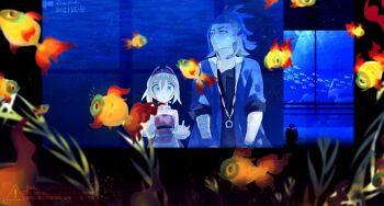 1boy 1girl :o absurdres adaman_(pokemon) aquarium arrow_(symbol) bandaged_arm bandages bare_shoulders blue_jacket blurry blurry_foreground chi-yu_(pokemon) closed_mouth collarbone commentary_request earrings eyelashes fish gen_2_pokemon gen_3_pokemon gen_4_pokemon gen_7_pokemon gomabu_(rirurutennsi) gorebyss hairband hands_in_pockets highres huntail irida_(pokemon) jacket jewelry looking_inside lumineon mantine necklace nintendo open_clothes open_jacket open_mouth pokemon pokemon_(creature) pokemon_legends:_arceus relicanth seaweed short_hair smile wishiwashi wishiwashi_(solo)