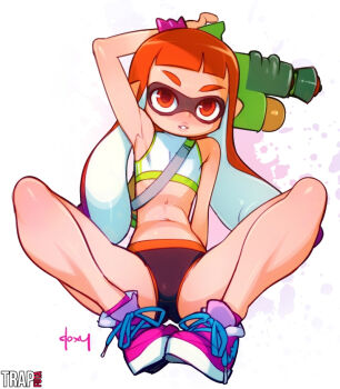1girl arm_up armpits bare_shoulders bracelet doxy eyebrows female_focus flat_chest inkling inkling_girl inkling_player_character jewelry legs long_hair looking_at_viewer midriff monster_girl navel nintendo parted_lips red_eyes red_hair shoes signature sneakers solo splatoon_(series) splatoon_1 splattershot_(splatoon) sports_bra spread_legs squid tentacle_hair thighs water_gun watermark