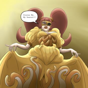 Rule 34 | 1girl, breasts, cthulhu mythos, dress, estir, long hair, looking down, mask, medium breasts, monster girl, puffy sleeves, roachmotel34, solo, sucker for love, sucker for love: first date, tentacles, yellow dress