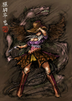 2b-ge aura black_hair black_wings boots brown_background brown_boots character_name chinese_commentary cowboy_boots cowboy_hat cowgirl_(western) dress feathered_wings fighting_stance gun hair_over_one_eye hand_on_headwear handgun hat hat_tip highres holding holding_gun holding_weapon horse horse_girl horse_tail kurokoma_saki mouth_hold multicolored_dress neckerchief off-shoulder_dress off_shoulder one-hour_drawing_challenge pegasus plaid_clothes plaid_skirt purple_dress red_eyes revolver short_hair short_sleeves skirt stalk_in_mouth tail touhou weapon white_neckerchief wings