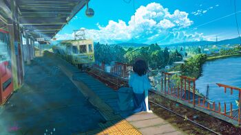 1girl absurdres backpack bag banishment black_skirt blue_sky broken_window brown_hair building cloud cloudy_sky commentary_request day derailed_train from_behind highres house light_rays original outdoors overgrown pleated_skirt post-apocalypse power_lines railing railroad_tracks river road_sign ruins rust scenery school_uniform shadow shirt short_hair short_sleeves sign signature sitting skirt sky solo summer sunbeam sunlight tactile_paving train train_station train_station_platform tree village white_shirt