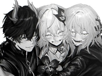 1boy 2girls aeiibte4bw36822 blush closed_eyes commentary crying dan_heng_(honkai:_star_rail) dan_heng_(permansor_terrae)_(honkai:_star_rail) dragon_boy dragon_horns evernight_(honkai:_star_rail) flower flower_ornament gloves greyscale hair_flower hair_ornament honkai:_star_rail honkai_(series) horns hug jacket march_7th_(honkai:_star_rail) monochrome multiple_girls open_mouth pointy_ears simple_background stelle_(honkai:_star_rail) symbol-only_commentary trailblazer_(honkai:_star_rail) upper_body white_background