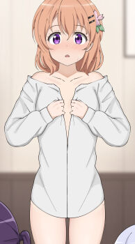 Rule 34 | 3girls, absurdres, blue hair, blurry, blurry background, blush, collarbone, commentary request, gochuumon wa usagi desu ka?, hair between eyes, hair ornament, hairclip, highres, hoto cocoa, indoors, kafuu chino, medium hair, multiple girls, orange hair, poa mellhen, purple eyes, purple hair, shirt, sidelocks, standing, tedeza rize, undressing, white shirt