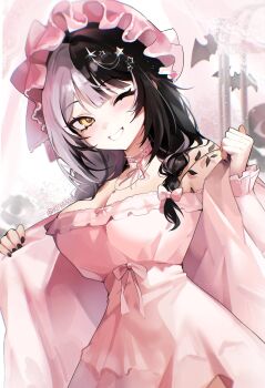 Rule 34 | 1girl, artist name, black hair, black nails, bow, braid, breasts, choker, cleavage, commentary, empire waist, frilled nightgown, grin, hair bow, hair ornament, hashtag-only commentary, hat, highres, hololive, hololive english, jacket, large breasts, light blush, looking at viewer, low twin braids, mob cap, multicolored hair, nail polish, nightgown, official alternate costume, official alternate hairstyle, one eye closed, pink bow, pink choker, pink hat, pink jacket, pink nightgown, removing jacket, riffamo, shiori novella, shiori novella (sleepwear), sleepwear, smile, solo, split-color hair, star (symbol), star hair ornament, twin braids, twitter username, two-tone hair, upper body, virtual youtuber, white hair, yellow eyes