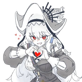 1girl :d arknights black_dress blush bright_pupils commentary_request dress fangs grey_hat hair_between_eyes hat heart heart_hands highres korean_commentary long_hair long_sleeves open_mouth own_hands_together pale_skin red_eyes simple_background smile solo specter_(arknights) specter_the_unchained_(arknights) split_mouth strap sussurrobestmom two-sided_fabric two-sided_headwear white_background white_hair white_hat white_pupils