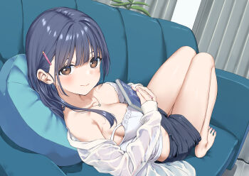 1girl absurdres barefoot black_hair black_shorts blush book bra breasts brown_eyes cleavage closed_mouth couch curtains cushion dress_shirt hair_between_eyes hair_ornament hairclip highres holding holding_book indoors jewelry leaf long_hair long_sleeves looking_at_viewer medium_breasts necklace open_clothes open_shirt original shirt short_shorts shorts sidelocks smile solo strap_slip takayaki toes underwear white_bra white_shirt
