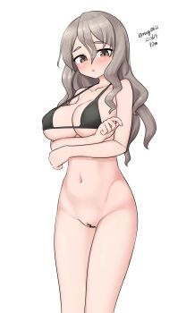 1girl absurdres bar_censor bikini bikini_top_only black_bikini bottomless breasts brown_eyes censored cleavage crossed_arms dated feet_out_of_frame grey_hair highres kantai_collection large_breasts long_hair looking_at_viewer maru_(marg0613) one-hour_drawing_challenge pola_(kancolle) pussy simple_background solo swimsuit twitter_username wavy_hair white_background
