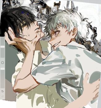 2boys art_program_in_frame avandee11949 black_hair blush collared_shirt from_side grin highres hikaru_ga_shinda_natsu indou_hikaru male_focus mole mole_on_cheek mole_under_eye multiple_boys profile red_pupils school_uniform shirt short_hair short_sleeves smile sweatdrop teeth tsujinaka_yoshiki upper_body white_hair white_shirt yaoi