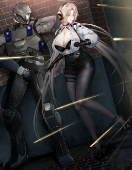 1girl 1other absurdres armor assault_rifle azur_lane bare_shoulders belt black_belt black_bra black_choker black_footwear black_gloves black_skirt blonde_hair blue_eyes bra bra_peek breasts brick_wall bullpup choker cleavage collarbone commentary commission destiny_(game) elbow_gloves english_commentary famas firing full_armor full_body gloves gun helm helmet high-waist_pantyhose high-waist_skirt high_heels highres holding holding_gun holding_weapon huge_breasts impossible_hair irkawaza kronshtadt_(azur_lane) kronshtadt_(begin_the_rush!)_(azur_lane) long_hair long_sleeves looking_to_the_side mole mole_on_breast o-ring official_alternate_costume open_clothes open_shirt outdoors pantyhose parted_bangs parted_lips pencil_skirt police_badge rifle s.w.a.t. shadow shirt sidelocks skindentation skirt standing standing_on_one_leg thigh_strap titan_(destiny) underwear very_long_hair weapon white_shirt