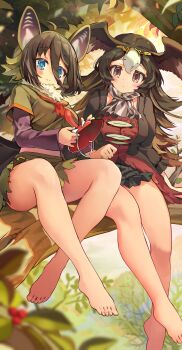 2girls absurdres ahoge animal_ear_fluff animal_ears ascot bare_legs barefoot black_skirt blue_eyes blurry blurry_foreground blush brown_eyes brown_hair closed_mouth commentary_request crossed_ankles day dot_mouth feet green_skirt hair_between_eyes highres hilgendorf&#039;s_tube-nose_bat_(kemono_friends) holding holding_mask kemono_friends layered_sleeves long_hair long_sleeves looking_at_viewer mask melaton multicolored_hair multiple_girls nature outdoors red_ascot short_hair short_over_long_sleeves short_sleeves sitting sitting_on_branch skirt smile striated_caracara_(kemono_friends) tengu_mask toes two-tone_hair white_hair