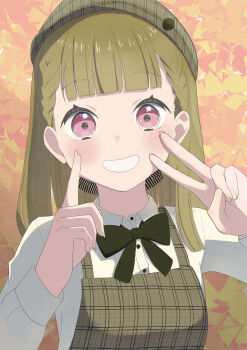 Rule 34 | 1girl, :d, absurdres, apron, black bow, black bowtie, bow, bowtie, braid, brown hair, center-flap bangs, collared shirt, commentary request, dress shirt, grin, hasutousan, hat, highres, index finger raised, kachimachi kosuzu, link! like! love live!, long hair, long sleeves, looking at viewer, love live!, open mouth, orange background, pink eyes, plaid apron, plaid clothes, plaid hat, shirt, side braids, smile, solo, v, virtual youtuber, white shirt