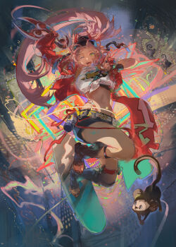 1girl absurdres arm_up belt black_footwear black_shorts fishnets floating_hair green_eyes hand_up highres honkai:_star_rail honkai_(series) jacket long_hair long_sleeves looking_at_viewer monkey muyihui one_eye_closed open_clothes open_jacket open_mouth pink_hair rappa_(honkai:_star_rail) shirt shorts skateboard smile solo spray_can stomach teeth thigh_belt thigh_strap very_long_hair white_belt white_shirt