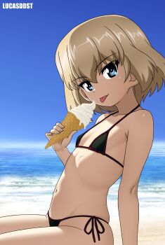 1girl beach bikini black_bikini black_bra blonde_hair blue_eyes blue_sky bra breasts feet_out_of_frame food girls_und_panzer highres holding holding_food ice_cream katyusha_(girls_und_panzer) looking_at_viewer lucasddst navel ocean outdoors sand short_hair sitting sky small_breasts solo swimsuit tongue tongue_out underwear