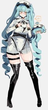 ! >_< 1girl absurdres aqua_hair belt black_belt black_boots blush boots chibi chibi_inset drill_hair embarrassed goddess_of_victory:_nikke grey_background hat highres jumpsuit long_hair long_sleeves looking_at_viewer military_uniform odmised peaked_cap privaty_(nikke) short_jumpsuit spoken_blush spoken_exclamation_mark standing sweat thigh_boots twintails very_long_hair wavy_mouth white_hat white_jumpsuit yellow_eyes