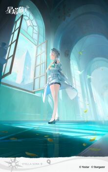 1girl bare_shoulders bastelina_(stella_sora) black_shoes closed_mouth coat commentary_request copyright_logo copyright_name copyright_notice dress echosdoodle expressionless full_body guest_art hallway highres indoors logo looking_outside off_shoulder open_clothes open_coat open_window shoes short_dress sleeveless sleeveless_dress solo standing stella_sora white_dress window