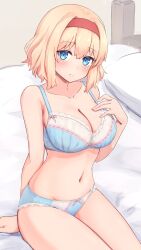 Rule 34 | 1girl, \||/, absurdres, alice-type underwear, alice margatroid, arm behind back, bare arms, blonde hair, blue bra, blue eyes, blue panties, blush, bow, bow bra, bra, breasts, cleavage, collarbone, colored eyelashes, commentary, cowboy shot, curvy, forneus 0, hair between eyes, hairband, hand up, highres, indoors, large breasts, looking at viewer, navel, on bed, panties, parted lips, pink bow, red hairband, ribbon-trimmed bra, ribbon-trimmed panties, short hair, sitting, smile, solo, touhou, underwear, underwear only
