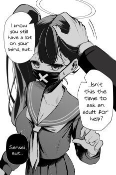 Rule 34 | 1boy, 1girl, absurdres, blue archive, clover dot (clov erd), commentary, covered mouth, delinquent, english commentary, english text, greyscale, halo, headpat, highres, long hair, long sleeves, looking at viewer, mask, monochrome, mouth mask, neckerchief, sailor collar, sensei (blue archive), shirt, side ponytail, simple background, skirt, solo focus, speech bubble, sukeban, sukeban (smg) (blue archive), surgical mask, white background