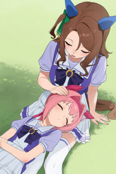 2girls bow bowtie brown_hair closed_eyes ear_covers haru_urara_(umamusume) highres horseshoe_ornament king_halo_(umamusume) kiya_hajime long_hair lying_on_lap multiple_girls pink_hair puffy_short_sleeves puffy_sleeves purple_bow purple_bowtie purple_shirt sailor_collar school_uniform shirt short_sleeves skirt thighhighs tracen_school_uniform umamusume white_sailor_collar white_skirt white_thighhighs